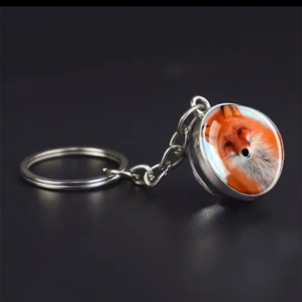 Set of 2 Red Fox Keychains with Ball Pendant 1 Front Facing Fox, 1 Curled up Fox